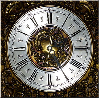 brown, gray, analog wall clock, clock, pointer, clock face, time, gold colored, roman numeral, metal, instrument of time, roman, no people, number, close-up, clock hand, accuracy, watch, minute hand, single object, gold, indoors, antique, ornate, pocket watch, 1080P, CC0, public domain, royalty free