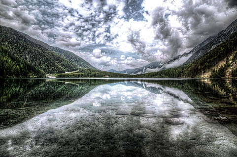 beautiful, calm, clouds, cloudy, conifer, dawn, fog, foggy, forest, hdr, lake, lakeside, landscape, mirroring, mountain, nature, outdoors, panorama, peaceful, reflections, river, scenic, sunset, travel, trees, water, woods, cloud - sky, sky, tranquility, tranquil scene, scenics - nature, beauty in nature, no people, day, plant, waterfront, reflection, tree, idyllic, non-urban scene, reflection lake, 5K, CC0, public domain, royalty free