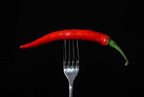 red, chili, stabbed, fork, pepperoni, sharp, cutlery, paprika, vegetables, chili peppers, sharpness, fiery, food, pepper, season, red pepper, hot peppers, spice, hot, eat, pods, vegetarian, pepper crop, fruity hot, chilli, food and drink, vegetable, studio shot, black background, chili pepper, indoors, freshness, kitchen utensil, close-up, no people, wellbeing, red chili pepper, healthy eating, eating utensil, heat - temperature, vegetarian food, jalapeno pepper, steel, 2K, CC0, public domain, royalty free