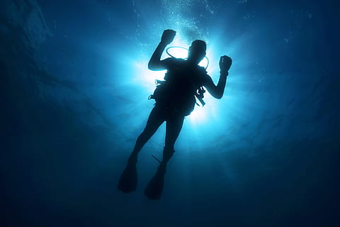 silhouette, scuba man, scuba, man, diver, light, diving, sea, ocean, water, underwater, undersea, blue, full length, adventure, exploration, scuba diving, aquatic sport, swimming, diving equipment, nature, sport, low angle view, leisure activity, diving flipper, two people, underwater diving, diving suit, 2K, CC0, public domain, royalty free