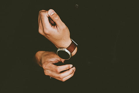 person wearing smartwatch, man, wearing, black, long, sleeve, shirt, brown, strap, watch, hands, fashion, accessories, dark, human body part, human hand, adult, black background, one person, people, adults only, one woman only, close-up, day, hand, men, holding, sunglasses, studio shot, copy space, glasses, human finger, aggression, finger, anger, body part, young adult, 2K