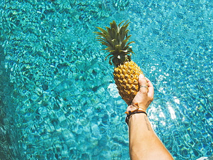 person, holding, pineapple fruit, hand, ring, pool, water, swimming, food, fruits, pineapple, shine, outdoor, wrist, human body part, one person, people, low section, adults only, one woman only, human hand, underwater, real people, tropical fruit, nature, body part, lifestyles, food and drink, personal perspective, day, leisure activity, high angle view, freshness, swimming pool, outdoors, finger, turquoise colored, 5K, CC0, public domain, royalty free