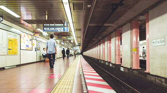 platform, railway, terminal, train station, people, subway Station, station, train, travel, transportation, railroad Station Platform, subway Train, subway Platform, rail transportation, architecture, full length, railroad station, public transportation, real people, mode of transportation, train - vehicle, men, track, indoors, railroad track, one person, casual clothing, waiting, architectural column, ceiling, 5K, CC0, public domain, royalty free