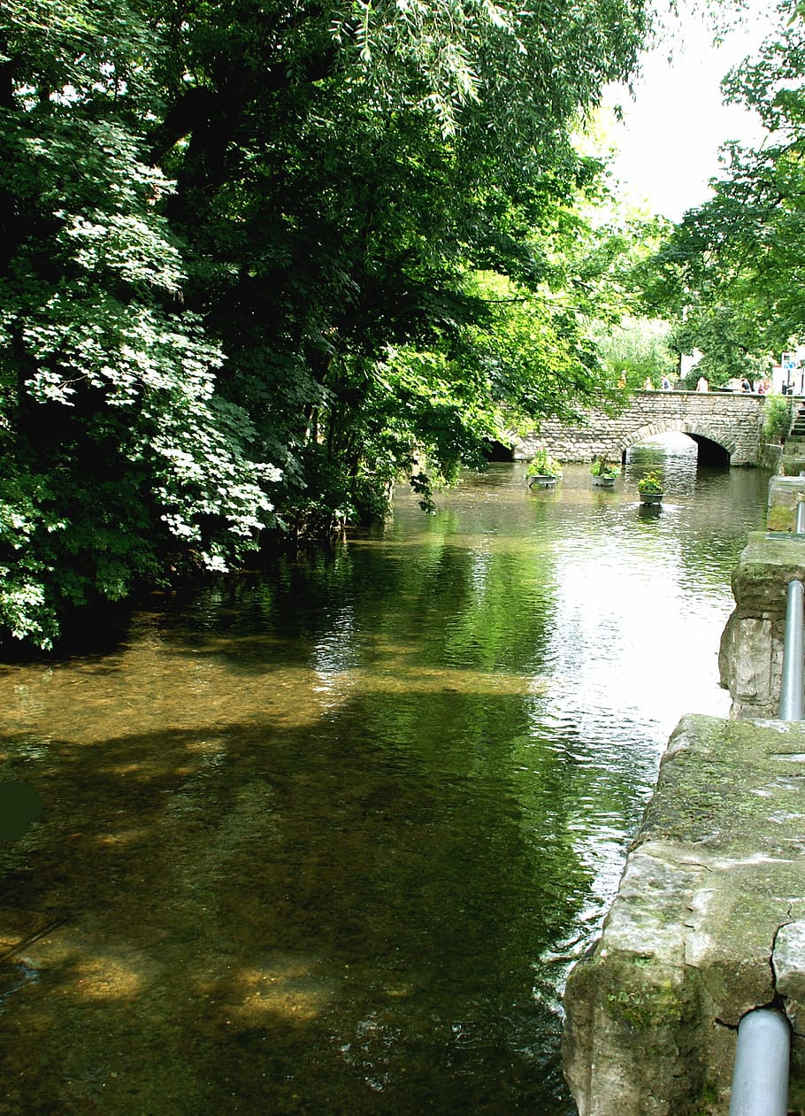 voda, stromy, zeď, reflexy, řeka, Příroda, letní, slunce, zrcadlení, Německo, pryskyřice, zelená, strom, odraz, venku, nikdo, den, rostlina, krása v přírodě, most, růst, klid, jezero, les, stavba, architektura, scenics - příroda, spojení, most - mužská konstrukce, tekoucí voda, tekoucí, 2K