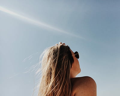 woman, wearing, gray, framed, aviators, day time, day, time, women, one Person, sky, outdoors, summer, people, adult, females, looking, caucasian Ethnicity, copy Space, nature, binoculars, young Women, one Woman Only, vacations, young Adult, beauty, sunlight, long hair, headshot, brown hair, human hair, hair, leisure activity, real people, hairstyle, lifestyles, low angle view, portrait, rear view, blond hair, 2K