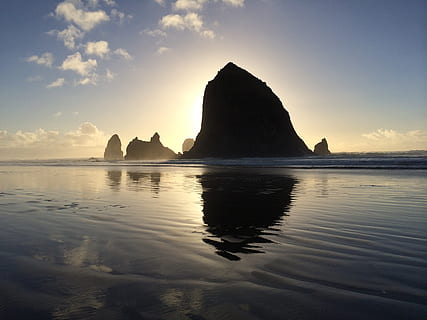 rock formation, placed, body, water, oregon, haystack, ocean, beach, cannon beach, shore, pacific, coastal, sunset, rock, sky, scenics - nature, sea, tranquil scene, reflection, beauty in nature, waterfront, tranquility, nature, idyllic, no people, rock - object, stack rock, land, solid, outdoors, 2K, CC0, public domain, royalty free