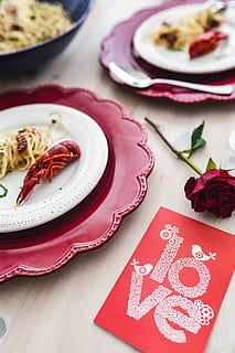 dinner, seafood pasta, crayfish, red, wine, table, decorated, roses, Fancy, seafood, pasta, red wine, elegant, octopus, food, plate, crockery, cultures, celebration, food and drink, still life, freshness, indoors, no people, ready-to-eat, close-up, plant, high angle view, flower, love, baked, napkin, positive emotion, emotion, pink color, temptation, 5K, CC0, public domain, royalty free