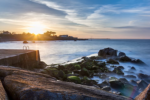 rock formation, body, water, photo, beach, blue, sky, sunset, Bullock Harbour, sea, coastline, nature, wave, no People, outdoors, dusk, rock - Object, scenics, water's Edge, cloud - sky, scenics - nature, beauty in nature, rock, solid, land, tranquility, tranquil scene, horizon, horizon over water, sunlight, idyllic, sun, 5K, CC0, public domain, royalty free