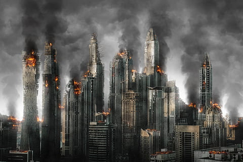 burned high-rise buildings, armageddon, disaster, destruction, war, abandoned, damage, architecture, apocalypse, devastation, destroyed, building exterior, built structure, city, office building exterior, skyscraper, building, cityscape, urban skyline, landscape, sky, modern, tower, night, cloud - sky, illuminated, no people, office, environment, outdoors, financial district, pollution, air pollution, smog, 4K, CC0, public domain, royalty free