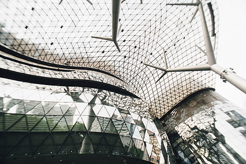 architectural design, architecture, building, ceiling, construction, contemporary, daylight, design, futuristic, glass panels, low angle shot, modern, office, perspective, reflection, steel, structure, built structure, low angle view, pattern, no people, day, indoors, arch, glass - material, city, nature, wall - building feature, shopping mall, metal, architecture and art, 5K