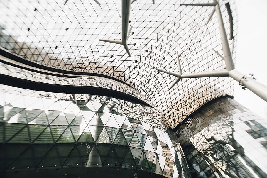 architectural design, architecture, building, ceiling, construction, contemporary, daylight, design, futuristic, glass panels, low angle shot, modern, office, perspective, reflection, steel, structure, built structure, low angle view, pattern, no people, day, indoors, arch, glass - material, city, nature, wall - building feature, shopping mall, metal, architecture and art, 5K