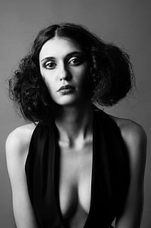 grayscale photography, woman, wearing, deep, v-neck halter, top, nothing, anything, something, beauty, portrait, beautiful woman, hairstyle, one person, women, hair, studio shot, long hair, looking at camera, adult, indoors, fashion, young adult, front view, fashion model, females, beautiful people, glamour, human hair, human face, 4K, CC0, public domain, royalty free