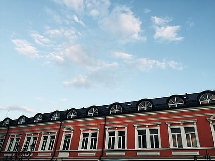 architecture, building, perspective, sky, windows, building Exterior, built Structure, cloud - sky, red, low angle view, text, day, communication, no people, window, nature, western script, city, outdoors, telephone booth, in a row, history, 2K, CC0, public domain, royalty free