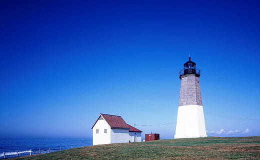 Foto, hus, fyrtårn, legeme, vand, tårn, ledestjerne, bygning, kyst, himmel, hav, arkitektur, marine, USA, Forenede Stater, carol m highsmith, atlantic, østkyst, Ny England, punkt judith lys, narragansett bay, rhode island, bygning udvendig, bygget struktur, vejledning, skyfri himmel, jord, strand, natur, ingen mennesker, retning, rejsemål, sikkerhed, blå, horisont over vand, udendørs, 4K, CC0, offentligt domæne, royaltyfrie
