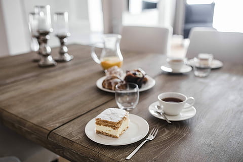 dessert, cream, cup, coffee, table, Sweet, cup of coffee, cake, snack, plate, restaurant, food, crockery, no People, indoors, drinking Glass, luxury, dinner, dining, napkin, decor, silverware, elegance, food And Drink, wineglass, meal, coffee - drink, drink, coffee cup, mug, refreshment, glass, breakfast, sweet food, freshness, french food, 5K