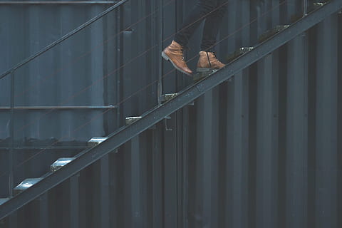 person, walking, stairs, black, steel, stair, still, minimalist, baluster, crates, guy, man, people, walk, style, fashion, brown, boots, jeans, patterns, lines, linear, one person, day, trapped, outdoors, prisoner, prison, architecture, built structure, metal, real people, railing, building, building exterior, vertebrate, pattern, animal themes, animal, animal wildlife, wall - building feature, bird, one animal, barrier, iron, 4K, CC0, public domain, royalty free
