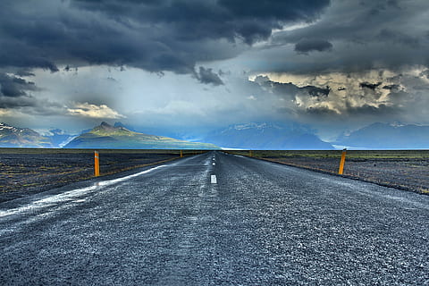 clouds, mountains, nature, road, travel, cloud - sky, sky, direction, the way forward, transportation, vanishing point, diminishing perspective, landscape, environment, no people, sign, scenics - nature, asphalt, beauty in nature, storm cloud, mountain, day, outdoors, dividing line, 5K, CC0, public domain, royalty free