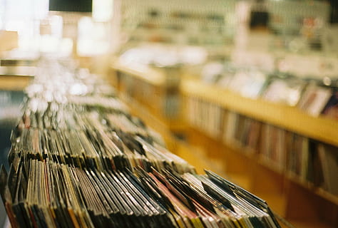 untitled, store, music, vinyl, stacks, collection, retail, indoors, shelf, supermarket, selective focus, close-up, no people, in a row, business, focus on foreground, wood - material, large group of objects, arts culture and entertainment, musical instrument, musical equipment, textile, piano, order, repetition, pattern, 720P, CC0, public domain, royalty free