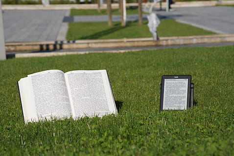 opened, book, green, grass, E-Reader, E-Book, Ebook, E-Ink, E-Paper, tablet pc, encyclopaedia, green color, field, agriculture, day, no people, plant, cemetery, grave, tombstone, land, nature, outdoors, stone, focus on foreground, lawn, memorial, sport, selective focus, sunlight, turf, 4K, CC0, public domain, royalty free