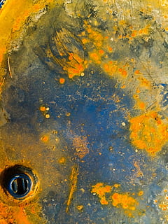 Blau, Gelb, Stahltank, Textur, Metall, Fass, Rost, abstrakt, Panzer, Vollbild, Hintergründe, keine Leute, Nahansicht, orange Farbe, Tag, texturiert, verwittert, rostig, draußen, Wasser, Ablehnen, Natur, Muster, Pflanzenteil, alt, Verschlechterung, 2K, CC0, gemeinfrei, lizenzfrei