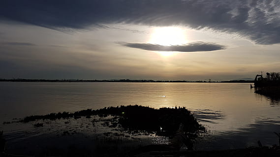 river, after, noon, water, sky, cloud - sky, reflection, beauty in nature, tranquility, scenics - nature, nature, tranquil scene, silhouette, no people, lake, environment, sunset, sun, tree, landscape, outdoors, 4K, CC0, public domain, royalty free