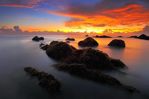 Strand, Wolken, Dämmerung, Natur, Ozean, Meer, seelandschaft, Himmel, Sonnenaufgang, Sonnenuntergang, Wasser, Küste, Landschaft, Sonnenaufgang - Morgendämmerung, szenen, Sommer-, Insel, Reflexion, Schönheit in der Natur, draußen, Rock - Objekt, Thailand, Szenen - Natur, wolke - himmel, ruhige Szene, Ruhe, idyllisch, keine Leute, Rock, orange Farbe, Land, solide, Langzeitbelichtung, Horizont über Wasser, romantischer Himmel, 1080P, CC0, gemeinfrei, lizenzfrei