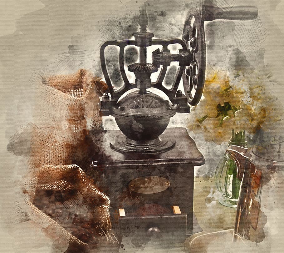 caffè, fagioli, vecchio macinino, in casa, arte e artigianato, nessuno, rappresentazione umana, avvicinamento, rappresentazione, credenza, creatività, trasparente, religione, vetro - materiale, vecchio, metallo, natura, spiritualità, giorno, mestiere, architettura, riflessione, composito digitale, 2K