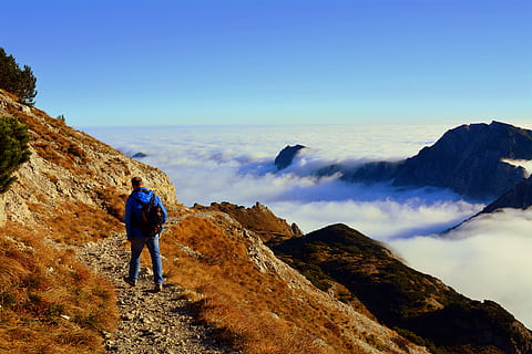 bleu, veste, Montagne, à côté de, mer, des nuages, marche, excursion, carega, randonnée, un seul homme, en marchant, une personne, Seulment les adultes, adulte, sac à dos, vue arrière, que les hommes, ciel, Vrais gens, Activité de loisir, beauté dans la nature, paysages - nature, modes de vie, toute la longueur, Hommes, la nature, scène non urbaine, scène tranquille, tranquillité, permanent, activité, journée, en plein air, 5K, CC0, domaine public, libre de droits