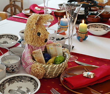 easter, hare, gift, table, board, eat, gedeckter table, festival, celebration, cutlery, cover, glasses, plate, table cover, family fast, family, decoration, serving suggestion, food, christmas, dinner, food and drink, still life, indoors, no people, freshness, representation, high angle view, close-up, holiday, human representation, candle, focus on foreground, container, ready-to-eat, red, 2K, CC0, public domain, royalty free