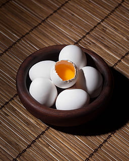 cracked, egg, five, eggs, inside, bowl, food, animal Egg, egg Yolk, breakfast, brown, raw Food, cooking, ingredient, cholesterol, wood - Material, freshness, white, healthy Eating, food and drink, fried egg, egg white, wellbeing, still life, table, indoors, no people, ready-to-eat, close-up, high angle view, meal, eggshell, boiled egg, 4K, CC0, public domain, royalty free