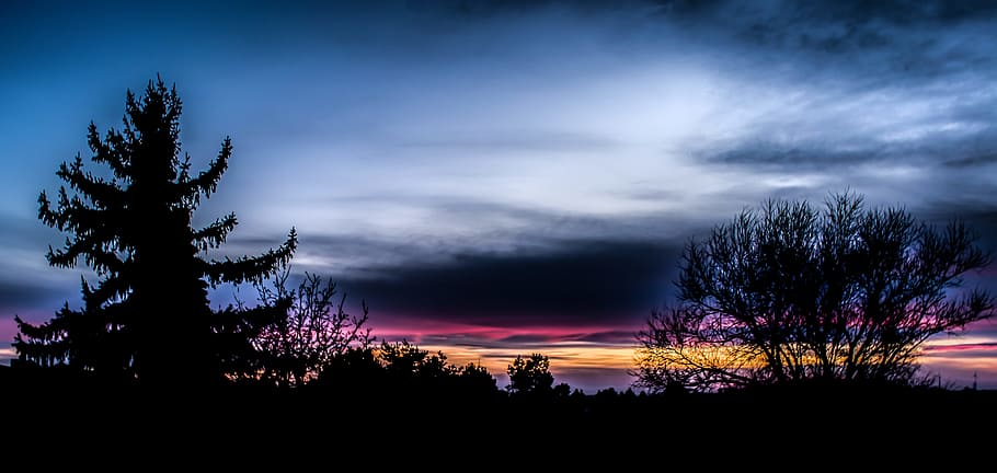aften, sol, indstilling, solnedgang, himmel, Sky, aftenhimmel, Abendstimmung, tusmørke, violet, silhuet, humør, landskab, træ, sky - himmel, plante, ro, natur, scenics - natur, rolig scene, skønhed i naturen, ingen mennesker, dramatisk himmel, multi farvet, miljø, udendørs, vækst, jord, mørk, lilla, 5K