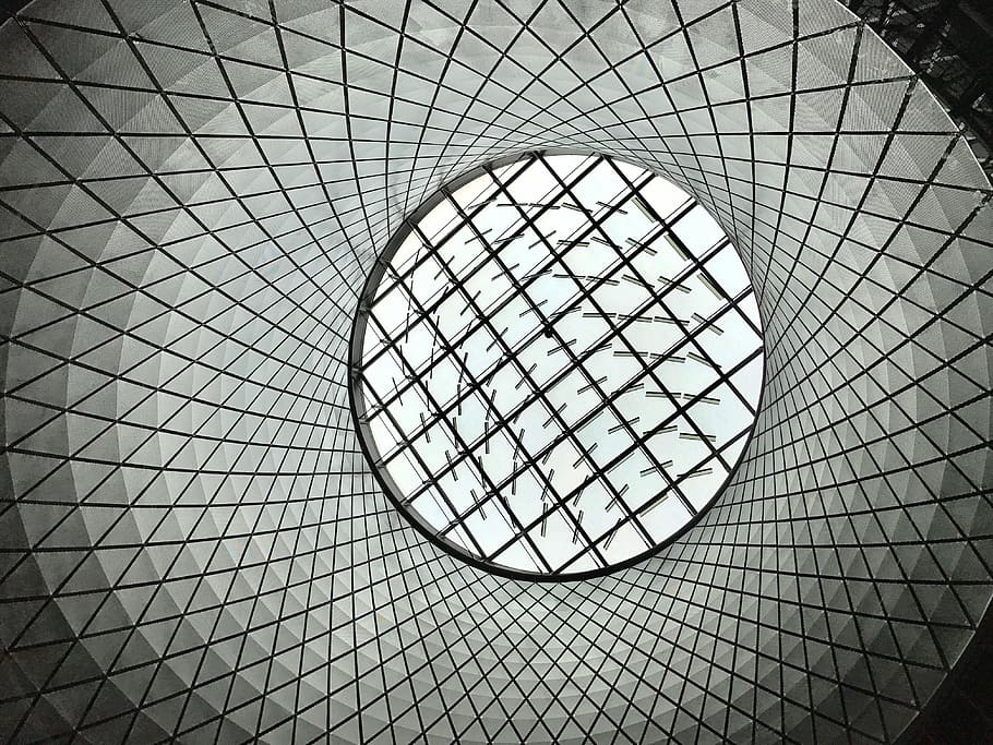 astratto, architettura, arte, soffitto, design, geometrico, illustrazione, in casa, colpo basso angolo, moderno, modello, prospettiva, forma, forme, acciaio, forma geometrica, struttura costruita, lucernario, nessuno, Inquadratura dal basso, cerchio, giorno, sfondi, vetro - materiale, fotogramma intero, finestra, luce del sole, caratteristica architettonica, architettura e arte, direttamente sotto, 4K
