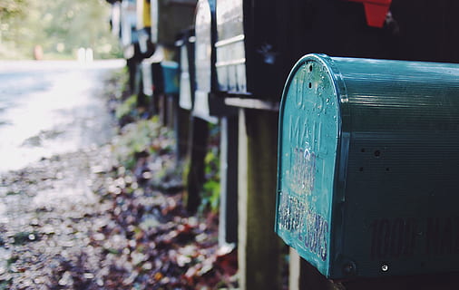 photo, green, mail box, mailbox, post, mail, letter, box, postal, communication, correspondence, message, postage, postbox, contact, letterbox, mailing, e-mail, mailboxes, letters, focus on foreground, metal, close-up, day, no people, selective focus, outdoors, old, architecture, wood - material, nature, built structure, still life, connection, security, green color, leaf, wheel, 2K, CC0, public domain, royalty free