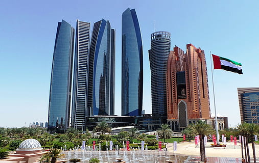 blauwe gebouwen, architectuur, gebouw, wolkenkrabber, horizon, abu dhabi, stedelijk, stad, ingebouwde structuur, buitenkant van het gebouw, hemel, kantoorgebouw buitenkant, modern, natuur, dag, kantoor, fabriek, heldere lucht, toren, groot hoog, buitenshuis, geen mensen, stadsgezicht, boom, luxe, 4K, CC0, publiek domein, royaltyvrij