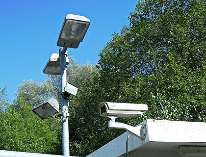 lav, vinkelfotografering, udendørs, postlampe, placeret, bullet overvågningskamera, sikkerhed, lamper, lanterne, belysning, kamera, lys, overvågning, holde øje, kontrollere, mangel på dom, video overvågning, overvågningskamera, beskyttelse, jo da, plante, træ, teknologi, natur, himmel, grøn farve, dag, ingen mennesker, lav vinkel visning, vækst, sollys, blå, skyfri himmel, belysningsudstyr, 2K, CC0, offentligt domæne, royaltyfrie