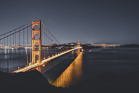 gylden, gate bro foto, gate bro, nat tid, Golden Gate bro, nat, bro, afspejling, flod, vand, berømte sted, bro - menneskeskabt struktur, USA, california, arkitektur, san francisco county, hængebro, bybilledet, by skyline, hav, urban scene, by, himmel, bygget struktur, skumring, solnedgang, belyst, forbindelse, transportmidler, rejsemål, ingeniørarbejde, turisme, rejse, natur, Bugt, 5K, CC0, offentligt domæne, royaltyfrie