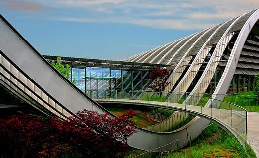gray, architectural, building, blue, sky, daytime, architecture, infrastructure, trees, plant, green, grass, city, urban, built structure, building exterior, nature, modern, glass - material, no people, day, outdoors, bridge, curve, connection, cloud - sky, tree, futuristic, low angle view, office building exterior, steel, 4K, CC0, public domain, royalty free