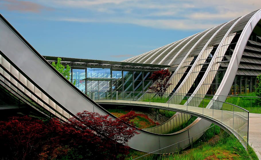 gray, architectural, building, blue, sky, daytime, architecture, infrastructure, trees, plant, green, grass, city, urban, built structure, building exterior, nature, modern, glass - material, no people, day, outdoors, bridge, curve, connection, cloud - sky, tree, futuristic, low angle view, office building exterior, steel, 4K