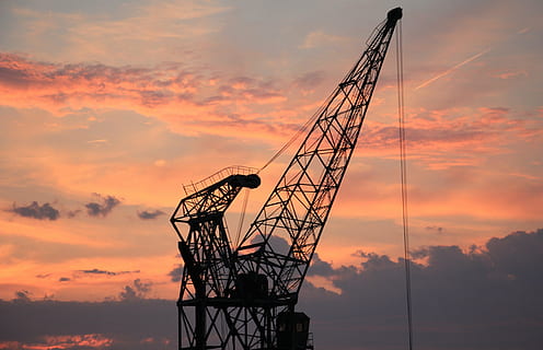 silhouette photo, dragline, harbour crane, sunset, sky, clouds, industry, port, mood, crane, shipping, abendstimmung, twilight, loading crane, transport of goods, evening sky, dusk, transport, harbour romance, afterglow, red sky, evening, reddish, atmospheric, cloud - sky, orange color, silhouette, built structure, technology, no people, outdoors, low angle view, nature, metal, architecture, connection, machinery, transportation, beauty in nature, equipment, crane - construction machinery, 4K, CC0, public domain, royalty free