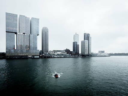 boat, speeding, high-rise, buildings, architecture, building, infrastructure, blue, sky, city, urban, skyline, skyscraper, sea, water, sailing, urban skyline, cityscape, building exterior, downtown district, city life, built structure, day, office building exterior, nautical vessel, transportation, waterfront, landscape, nature, mode of transportation, travel, modern, outdoors, financial district, 4K, CC0, public domain, royalty free