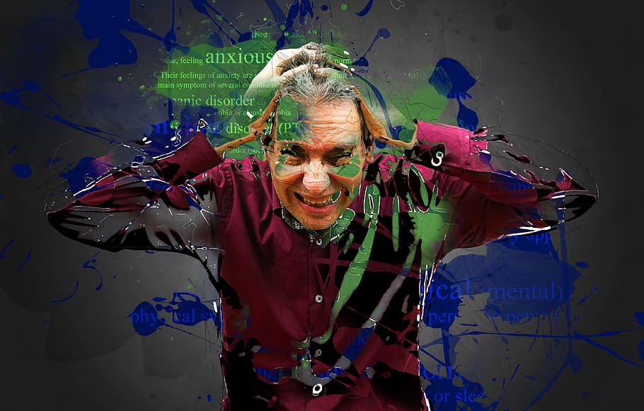 home, celebració, cap, ansietat, estrès, depressió, problema, preocupat, estressat, deprimit, emocional, emoció, salut, tensió, infeliç, tristesa, vista frontal, una persona, persones reals, homes, activitat d'oci, adult, estils de vida, esdeveniment, retrat, adult madur, cultura i entreteniment artístic, mascles, mirant la càmera, multicolor, homes madurs, barba, roba casual, Festival, 4K