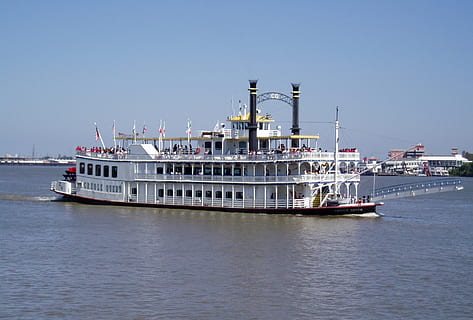 Schiff, Karosserie, Wasser, Flussboot, nautisch, Fluss, Besichtigung, New Orleans, Louisiana, Vereinigte Staaten von Amerika, Touristen, Panorama, Reflexion, Attraktion, Boot, historisch, Geschichte, szenisch, Schaufelrad, Wasserfahrzeug, Transport, Transportmittel, Meer, die Architektur, Himmel, Kunst, Passagierfahrzeuge, Seebrücke, Ufergegend, Natur, keine Leute, Geschäft, Tag, draußen, Industrie, Reise, Kreuzfahrtschiff, Luxus, Yacht, 1080P, CC0, gemeinfrei, lizenzfrei