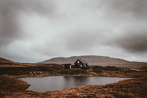 black, house, pond, brown, lake, cabin, water, mountain, cloudscape, remote, mist, fog, landscape, building, architecture, solitude, home, rural, cloudy, sky, cloud - sky, nature, built structure, scenics - nature, beauty in nature, building exterior, no people, travel destinations, environment, land, outdoors, history, lagoon, 8K, CC0, public domain, royalty free