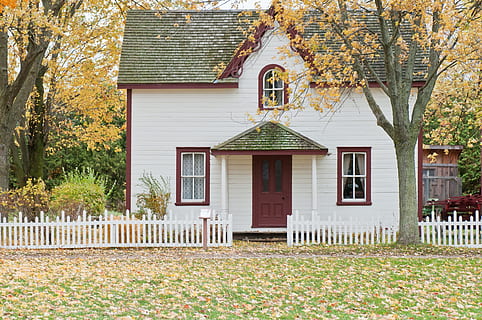list, podzim, stromy, rostlina, Příroda, tráva, hřiště, brána, plot, bílý, stavba, architektura, exteriér budovy, budova, Dům, den, strom, nikdo, hranice, bariéra, rezidenční čtvrti, venku, vchod, okno, střecha, růst, dveře, 4K, CC0, veřejná doména, bez autorských práv