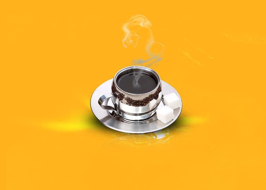 kaffe, Farouk, glasse, mad og drikke, farvet baggrund, krus, kop, kaffe - drikke, gul, indendørs, porcelæn, kaffekop, studio skud, drikke, underkop, orange farve, varme - temperatur, ingen mennesker, kopiere plads, gul baggrund, mad, skåret ud, orange baggrund, 1080P