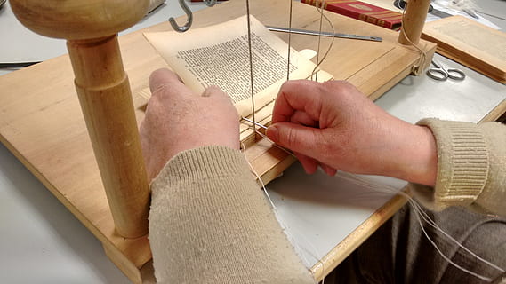 books, sewing, binding, human hand, human body part, hand, art and craft, indoors, one person, craft, occupation, creativity, working, skill, holding, preparation, workshop, real people, wood - material, accuracy, high angle view, adult, design professional, finger, 2K, CC0, public domain, royalty free