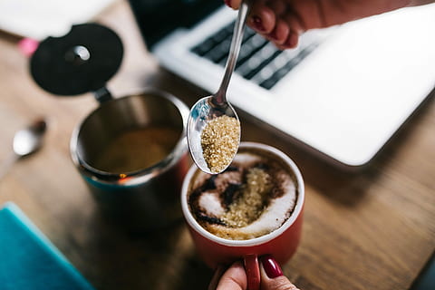 cup, coffee, sugar, Cup of coffee, cafe, late, espresso, coffee - Drink, human Hand, drink, close-up, people, coffee Cup, one Person, human body part, food and drink, preparation, indoors, hand, food, holding, refreshment, kitchen utensil, spoon, pouring, eating utensil, adult, freshness, focus on foreground, body part, finger, preparing food, 4K