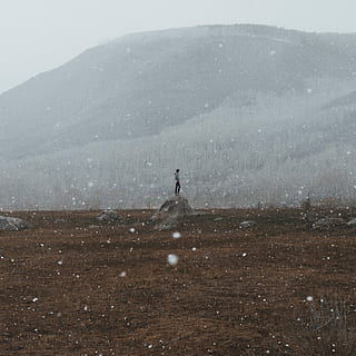 Person, Stehen, Rock, Felsblock, Berg, Schnee, Baum, kalt, Winter, Wolke, Hügel, ländlich, Mann, Stand, schneit, Schneefall, Wald, allein, eine Person, kalte Temperatur, Schönheit in der Natur, Ruhe, Szenen - Natur, Natur, Land, echte Menschen, ruhige Szene, Freizeitbeschäftigung, Landschaft, Nicht-städtische Szene, Umgebung, Tag, Lebensstile, nicht erkennbare Person, draußen, Klima, schneebedeckter Berg, 2K, CC0, gemeinfrei, lizenzfrei