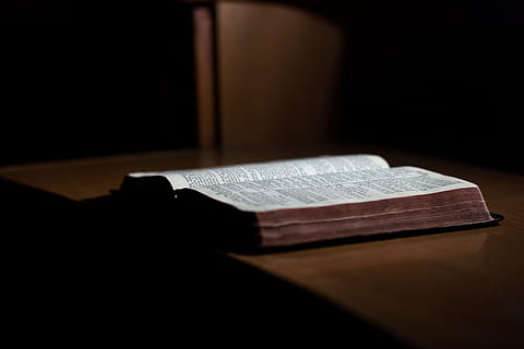 atviras, knyga, viršuje, stalas, balta, ruda, medinis, lentelė, Šventoji Biblija, medinis stalas, Biblija, senas, religija, krikščionybė, Senovinis, senamadiškas, dvasingumas, nėra žmonių, patalpose, teisingumo sąvoka, Iš arti, dieną, atrankinis dėmesys, emocijos, paskelbimas, mediena - medžiaga, tamsus, vienas objektas, natiurmortas, nebuvimas, šešėlis, baldai, socialinius klausimus, 4K