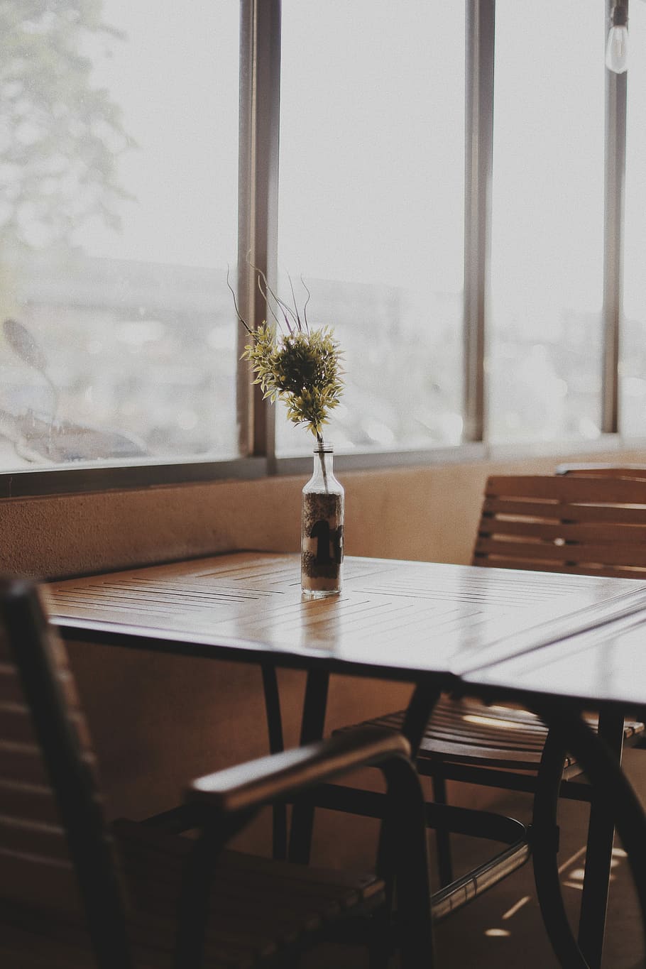 klar, Glasflasche, oben, Tabelle, Gelb, Blütenblätter, Vase, Dekor, Pflanze, Blume, Glasvase, Stuhl, Cafe, Fenster, Innere, Design, Essen, speisen, Restaurant, klassisch, retro, Jahrgang, Kaffee, minimalistisch, Stein, Sand, drinnen, Sitz, keine Leute, Natur, Abwesenheit, Topfpflanze, Glas - Material, Holz - Material, Wohngebäude, Möbel, Tag, transparent, blühende Pflanze, Dekoration, Zimmerpflanze, Blumentopf, 5K